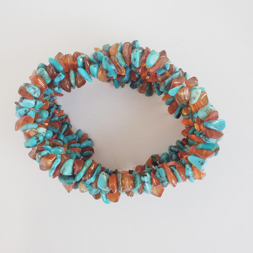 Amber & Turquoise Chip Multi Strand Cuff Bracelet